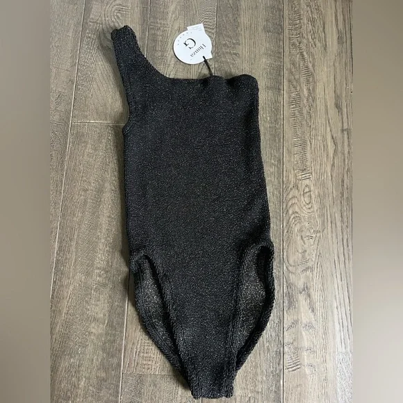 Hunza G Nancy Metallic One-Shoulder One-Piece Swimsuit Glittering Black OS NWT - Picture 13 of 15